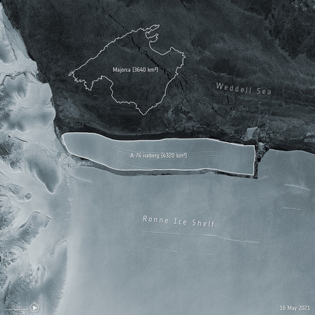 ▲世界上最大的「A-76」冰山，正式脫離南極洲。（圖／取自歐洲航天局）