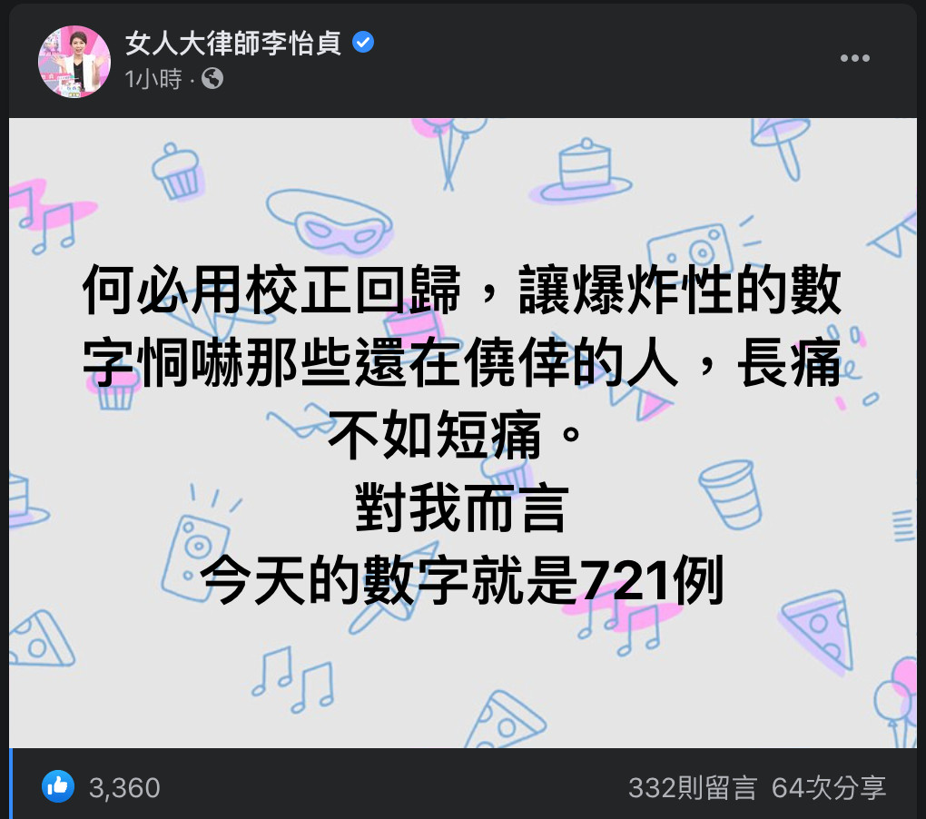 ▲▼本土確診「校正回歸」400例，律師批評覺得有點矯情。（圖／翻攝自臉書／女人大律師李怡貞）