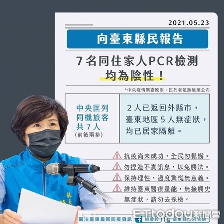 ▼ 新冠肺炎北部染疫台東確診病患，台東縣政府剛剛發布聲明：7同住家人篩檢結果皆為陰性。             。（圖／記者楊漢聲翻攝）