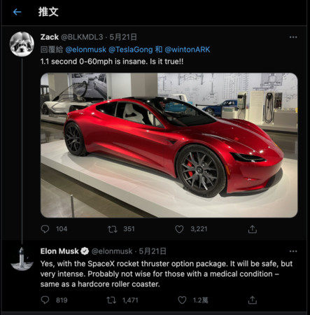 ▲馬斯克表示Roadster可安裝SpaceX推進器套件。（圖／翻攝自twitter）