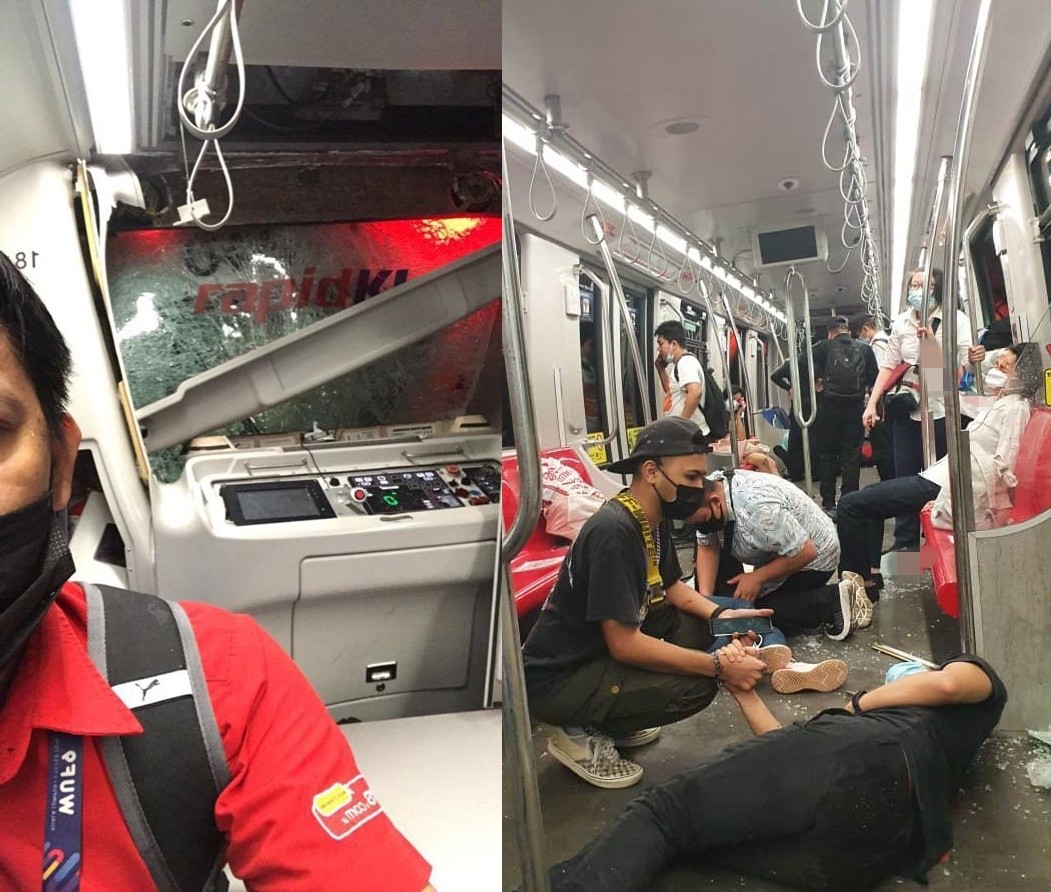 ▲▼馬來西亞輕軌誤傳「兩車相撞」　車窗爆裂、乘客流血癱坐47人重傷。（圖／翻攝自推特「@iamjustinpraba」）