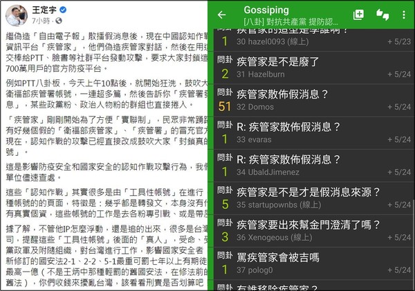 ▲▼台灣基進、王定宇指控，批踢踢有人在發動認知作戰。（圖／翻攝自臉書）