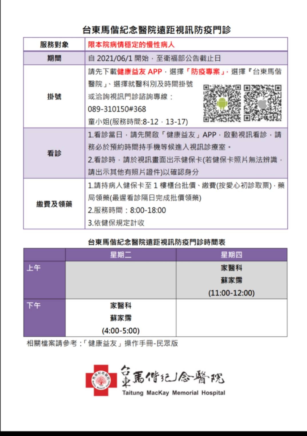 ▲ 新冠疫情加溫，台東馬偕醫院特開設「視訊防疫門診」。（圖／記者楊漢聲翻攝）