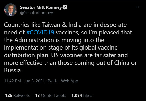 ▲▼美參議員：台灣等國迫切需要疫苗　首批2500萬劑「分配名單」曝光。（圖／翻攝Twitter@SenatorRomney）