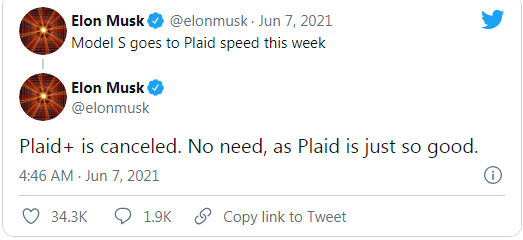 特斯拉Model S Plaid+慘成最短命車型　馬斯克：我們不需要它了（圖／翻攝自馬斯克推特）