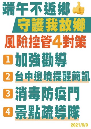 ▲▼台中市長盧秀燕表示，端午連假期間將設立消毒防疫門，民眾一旦體溫超標直接送醫院快篩。（圖／台中市政府提供）