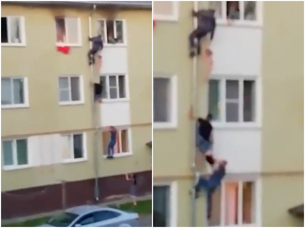 ▲▼俄羅斯3名男性攀牆救出受困火場的兒童。（圖／翻攝自推特@mediautopia_ru）