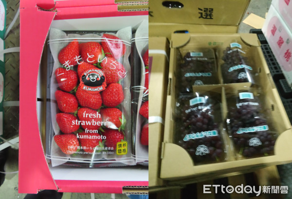 日本出口「鮮草莓」檢出農藥殘留含量不符規定；日本出口「YAJI CO., LTD.葡萄 )」檢出農藥殘留含量不符規定。（圖／食藥署提供）