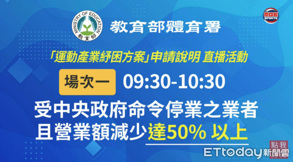 ▲教育部體育署辦理「紓困方案申辦作業直播說明會」，由副署長林哲宏與負責運動產業的綜合規劃組組長劉姿君主持。（圖／翻攝自體育署MOESports）