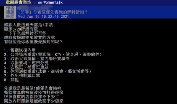 ▲網友詢問大家解封最想做什麼事。（圖／翻攝自PTT）