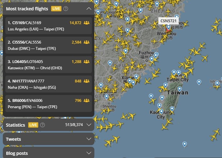 ▲「flightradar24」即時航班路線網站追蹤華航貨機動向。（圖／翻攝自「flightradar24」）