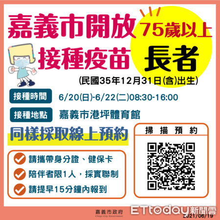 ▲嘉義市政府宣布即日起開放75歲以上長者接種疫苗     。（圖／嘉義市政府提供）