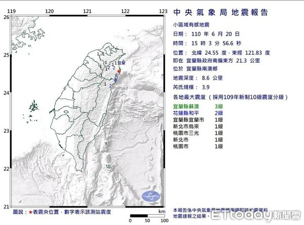 ▲▼宜蘭地震。（圖／中央氣象局）