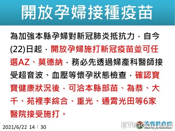 ▲苗栗縣政府公告，22日起縣內孕婦可自行選擇疫苗至縣內6間醫院施打。（圖／記者黃孟珍翻攝）