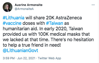 ▲▼立陶宛經濟與創新部長Ausrine Armonaite宣布捐贈台灣2萬劑疫苗，感謝台灣去年援助10萬片口罩。（圖／Ausrine Armonaite推特）