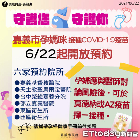 ▲嘉義市第二波75歲以上長輩疫苗接種三日內完成孕婦亦納入第6類施打對象 即日起開放預約。（圖／嘉義市政府提供）