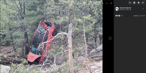 特斯拉Model 3摔進30公尺深山谷乘客還沒事　車主：Model 3真的夠硬（圖／翻攝自Mountain Reporter）
