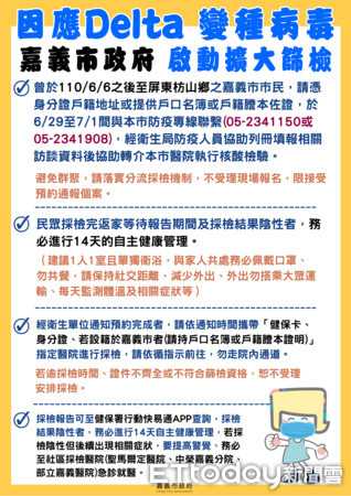 ▲因應屏東 delta變種病毒 嘉義市政府衛生局啟動擴大篩檢。（圖／嘉義市政府提供）