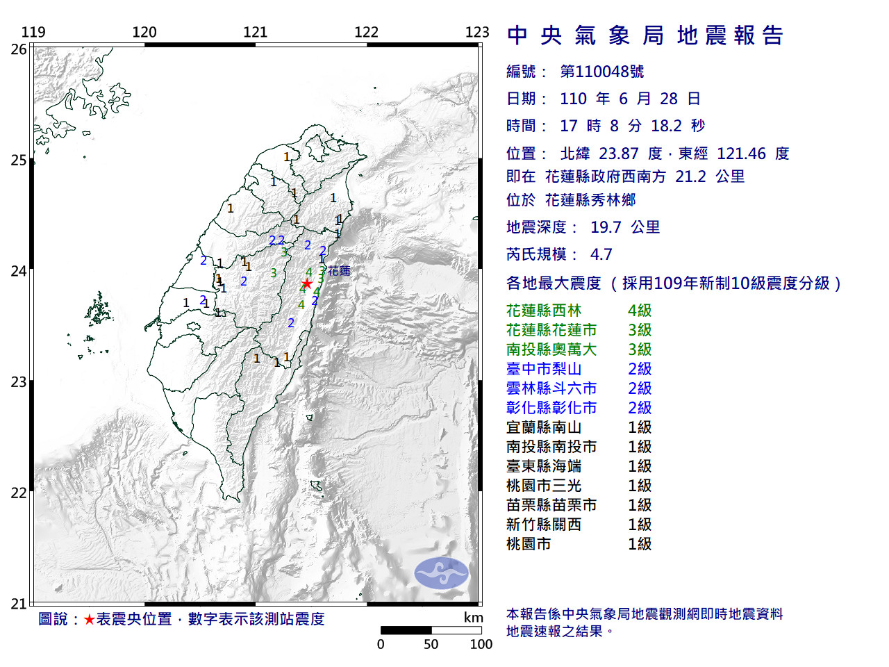 花蓮1天2震！秀林17：08發生規模4.7「極淺層地震」最大震度4級