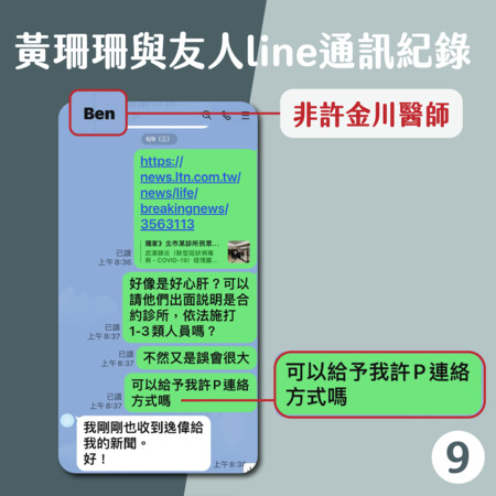 ▲▼黃珊珊說明對話紀錄，表示不認識許金川，對話全都是朋友轉傳。（圖／北市府提供）