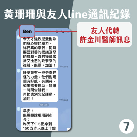 ▲▼黃珊珊說明對話紀錄，表示不認識許金川，對話全都是朋友轉傳。（圖／北市府提供）