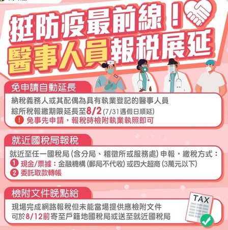 ▲醫事人員綜所稅申報及繳納延至8/2日。（圖／北區國稅局提供）