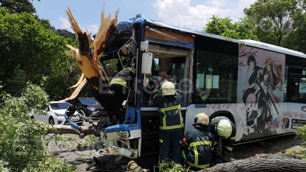 ▲▼台北市至善路至善公園前發生嚴重公車意外。一輛大有巴士失控撞上路樹，造成乘客及民眾嚴重受傷。（圖／記者黃彥傑攝）