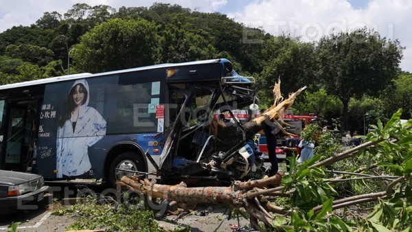 ▲▼台北市至善路至善公園前發生嚴重公車意外。一輛大有巴士失控撞上路樹，造成乘客及民眾嚴重受傷。（圖／記者黃彥傑攝）