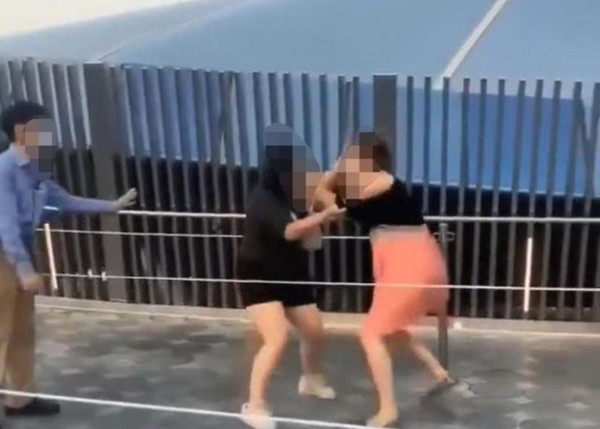 ▲兩名女子在上海迪士尼打得難分難捨，一旁女童則不斷哭喊「媽媽別打了」。（圖／翻攝自微博）