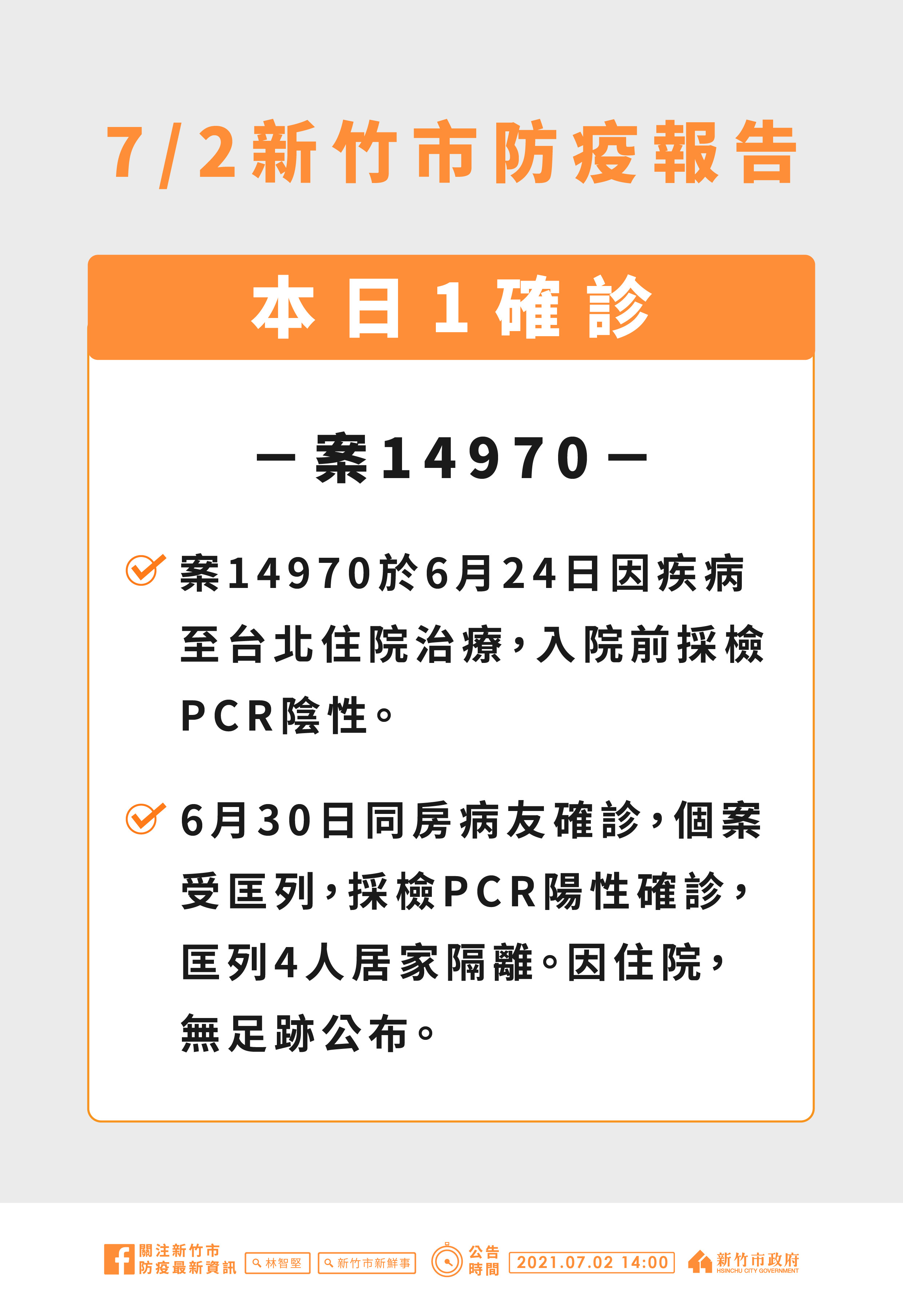 ▲因個案已住院，故無相關公共場所足跡。（圖／新竹市政府提供）