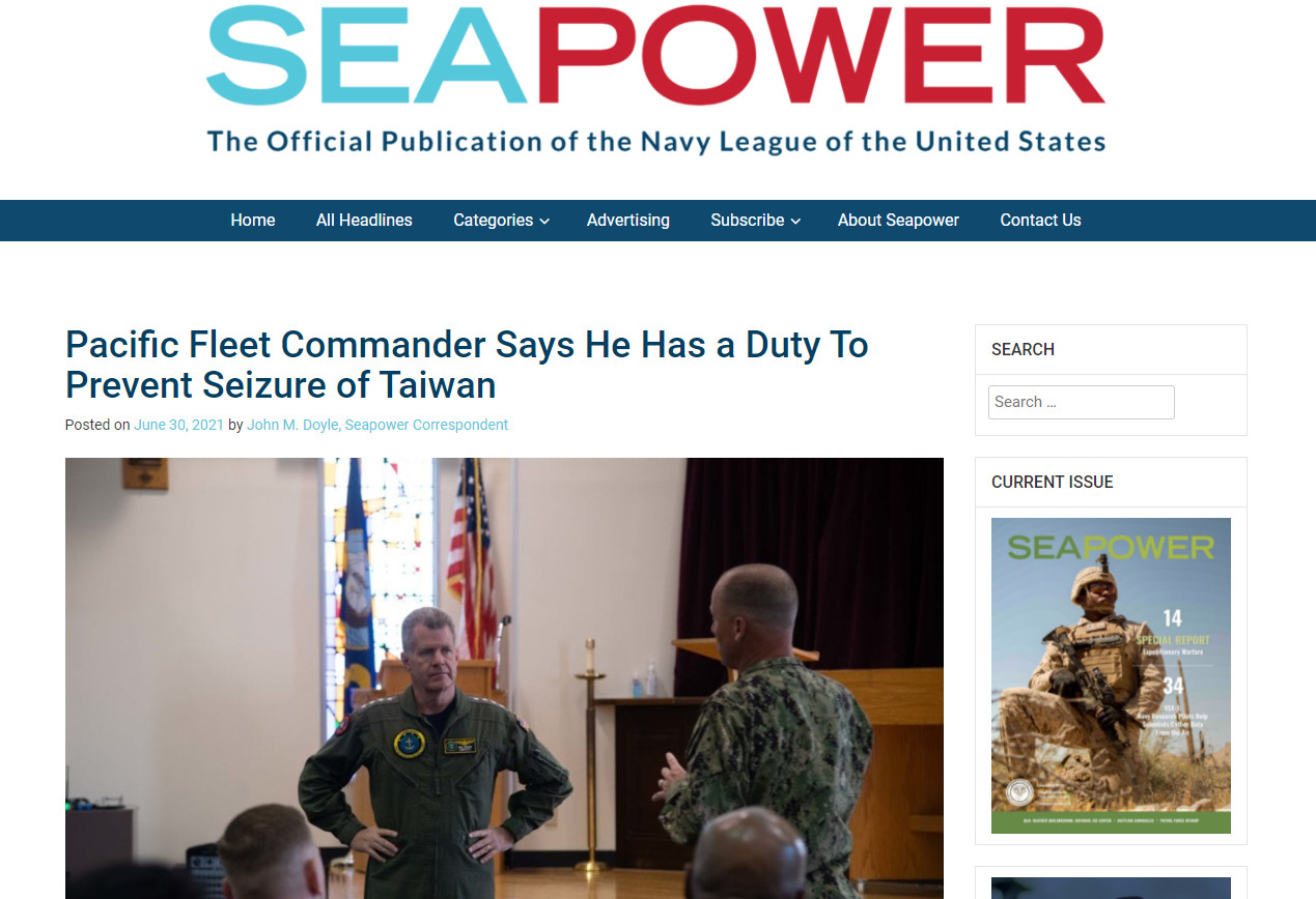 ▲▼「 防止中國武統台灣」　美國太平洋艦隊司令：這是我的職責。（圖／翻攝自美國海軍期刊《Sea Power》）