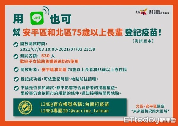 ▲台南市政府7月3日上午10時到23時59分截止，推出「台南打疫苗」Line官方帳號線上登記制，在北區、安平區進行系統壓力測試。（圖／記者林悅翻攝，下同）