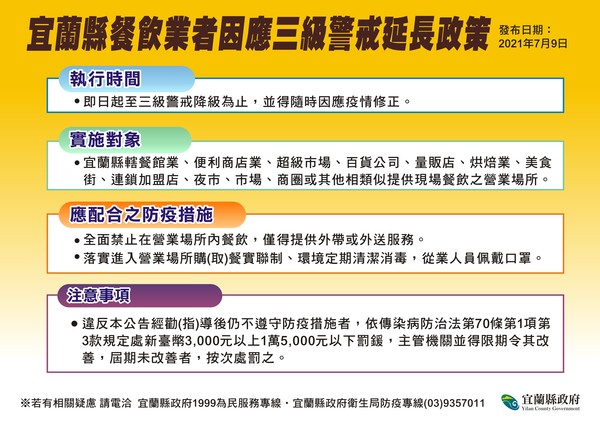 ▲宜縣府9日宣布，宜縣內餐飲業一律外帶、不得內用。（圖／宜縣府提供）