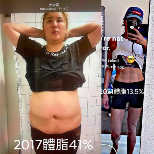 ▲小禎曬「體重巔峰對比照」凸肚溢出→冰塊腹肌　4年健身成果驚呆網。（圖／翻攝自Instagram／karenhu1984）