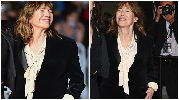 Jane Birkin 7日參加坎城影展時，選穿CELINE的天鵝絨西裝。（CELINE提供）