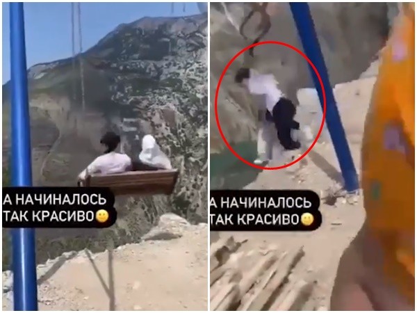 ▲▼俄羅斯2名女子在懸崖邊盪鞦韆時摔落。（圖／翻攝Twitter@KevinRothrock）