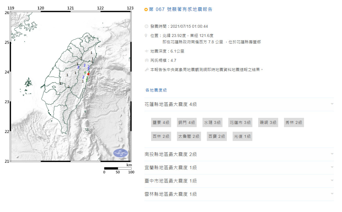 ▲▼花蓮地震。（圖／中央氣象局）
