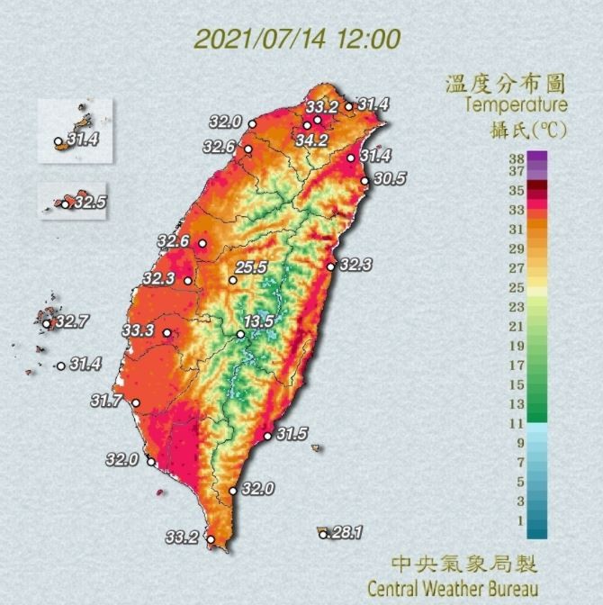 各縣市14日中午12時的溫度。（圖／中央氣象局）