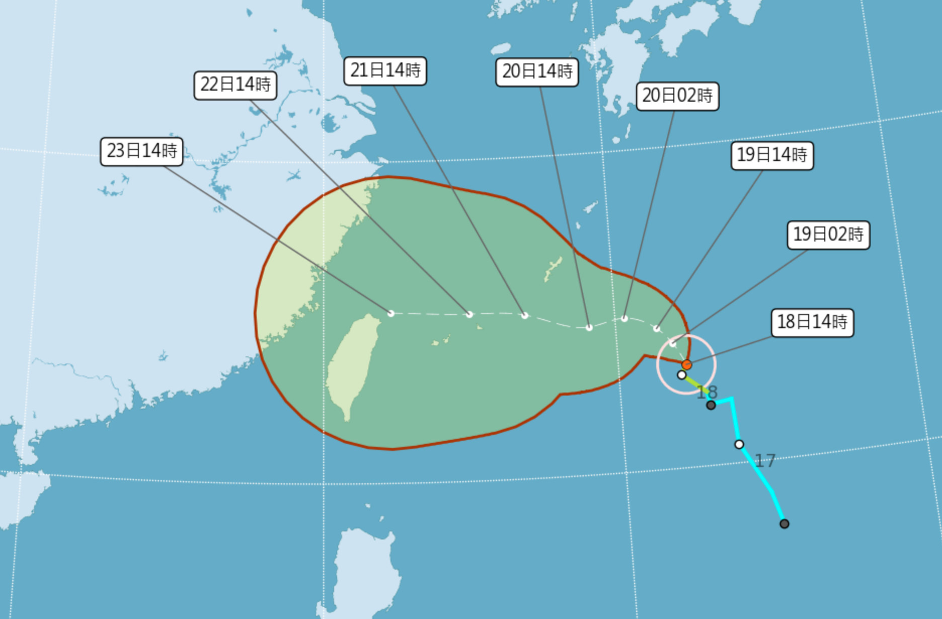 ▲▼颱風持續往台灣移動，周五距離台灣最接近。（圖／氣象局）