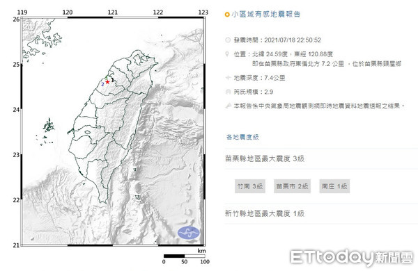 ▲苗栗縣18日晚間10點50分發生芮氏規模2.9的地震，最大震度在苗栗為3級。（圖／交通部中央氣象局）