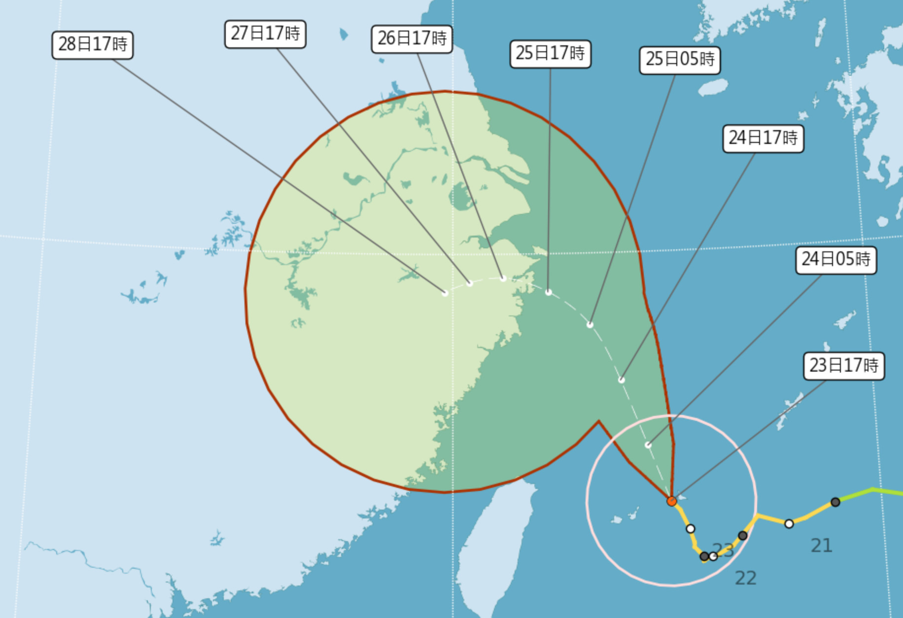 ▲▼颱風暴風圈進入東半部海面。（圖／氣象局）