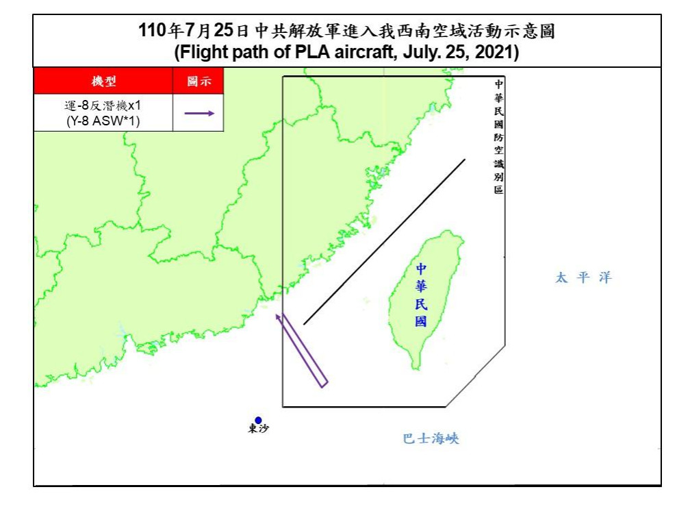 ▲▼共軍7月25日出動1架次運8反潛機，進入我西南空域。（圖／國防部提供）