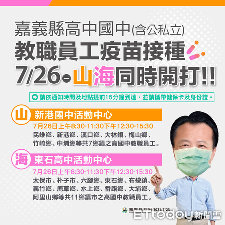 ▲高國中(含公私立)教職員工7月26日疫苗開打 。（圖／嘉義縣政府提供）