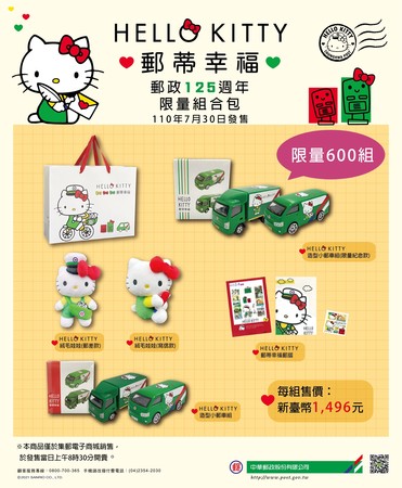 ▲中華郵政推出第三波凱蒂貓聯名商品，將於明日限量發售組合包。（圖／中華郵政提供）