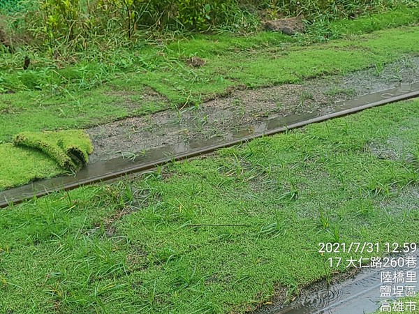 ▲文武聖殿站至壽山公園路段，有部分新植草皮因雨積水有掀起狀況。（圖／高雄捷運公司提供）