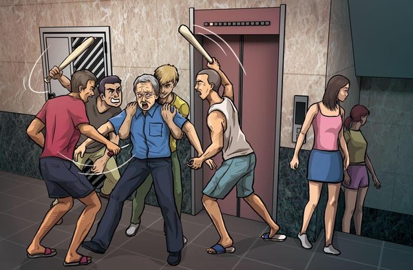 77歲的老管理員一走出電梯，就被一群年輕人持刀棍猛刺狂打。