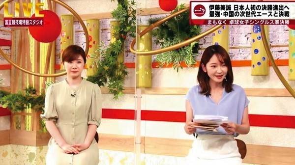 福原愛（左）在電視上的球評相當專業，也獲得日本媒體力挺。（翻攝自東京電視台）