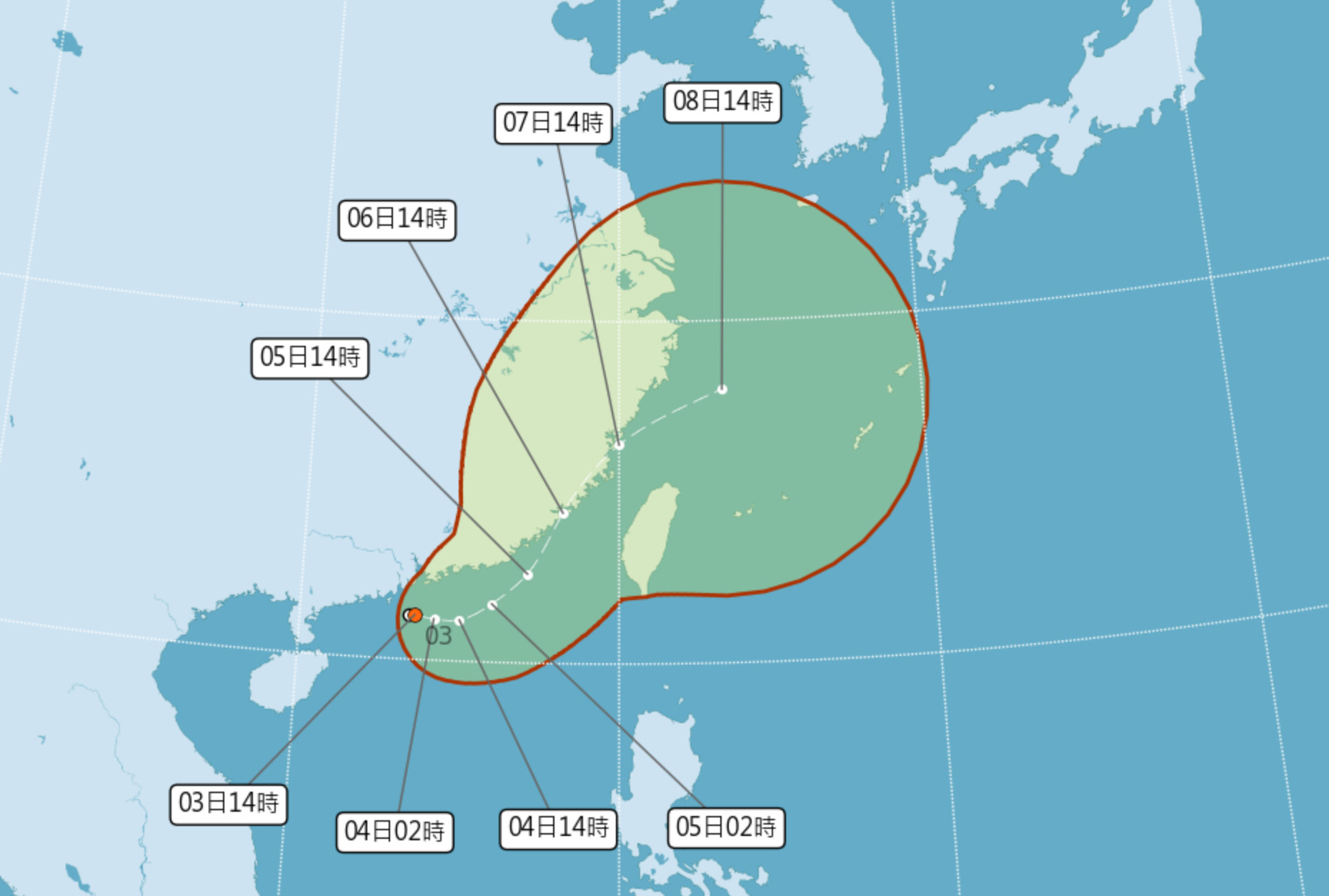 ▲▼熱帶性低氣壓發展中，可能增強為颱風往台灣靠近。（圖／氣象局）