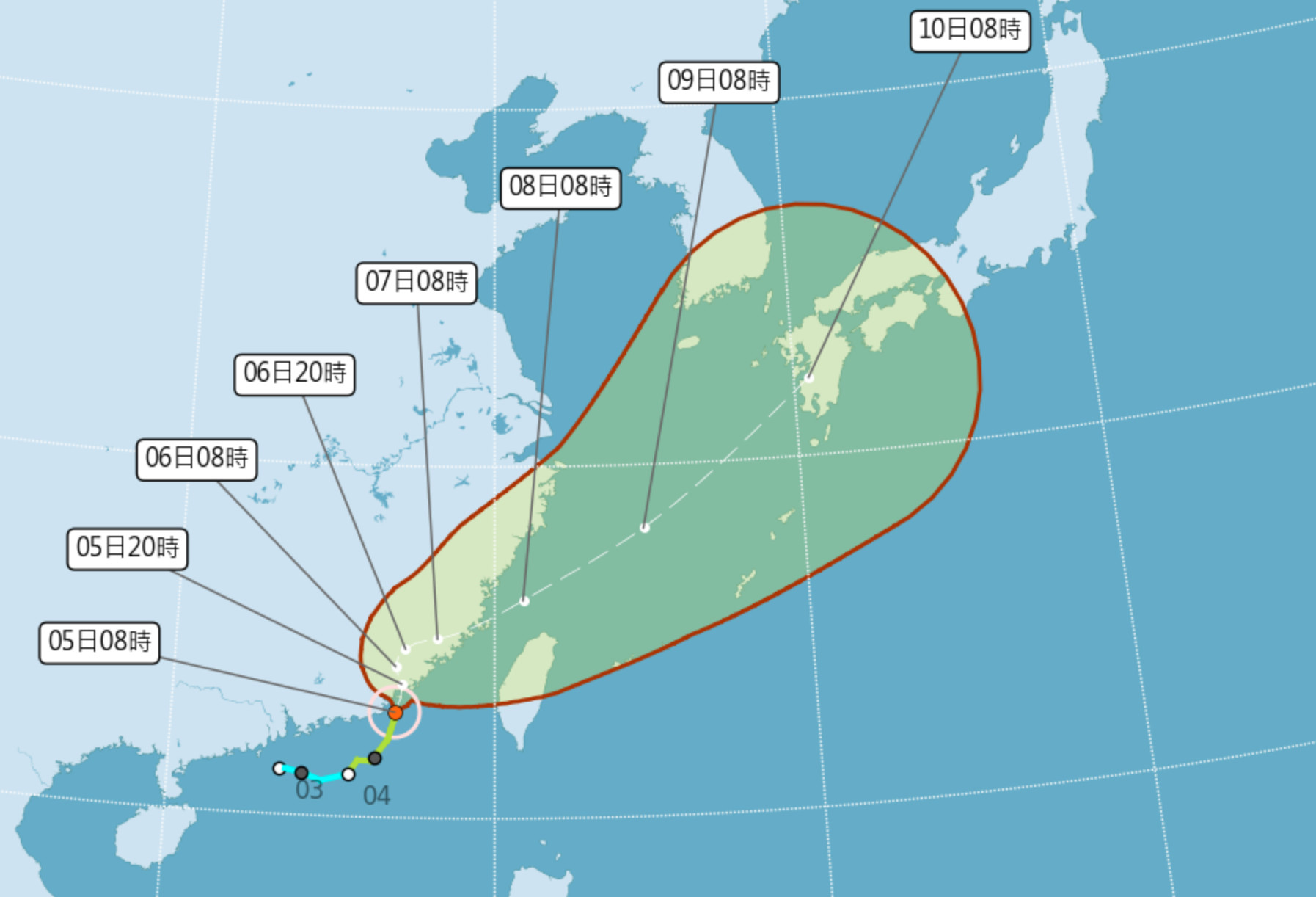▲▼颱風今日將登陸中國，受外圍環流與西南風影響中南部雨勢明顯。（圖／氣象局）