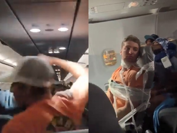 ▲▼美國男子在飛機上發酒瘋，被空少用膠帶綁成木乃伊。（圖／翻攝自推特／@SweeneyABC、@k9spams）